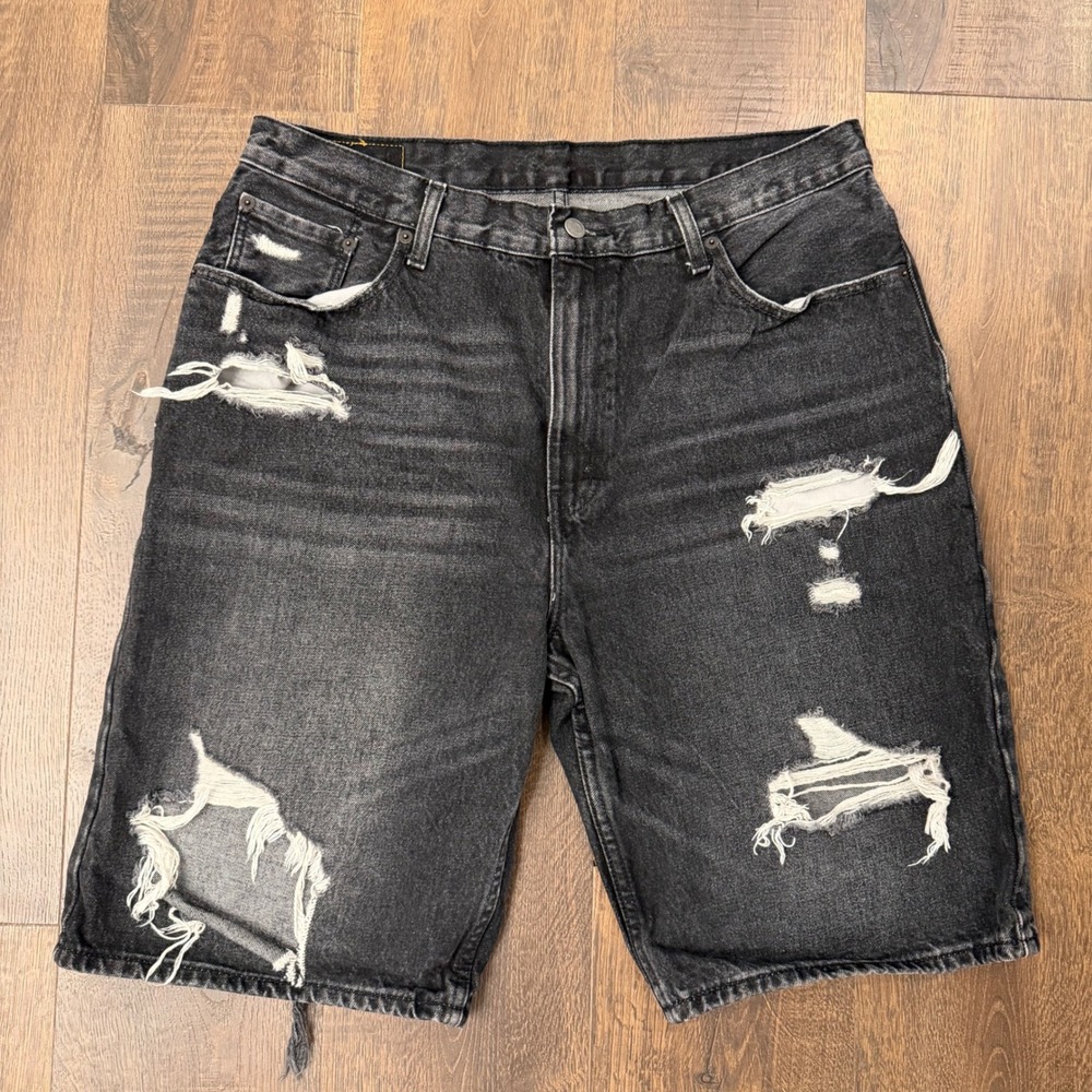 Levis 569 Loose Straight Mens 36 Black Denim Shorts Distressed Ripped Baggy